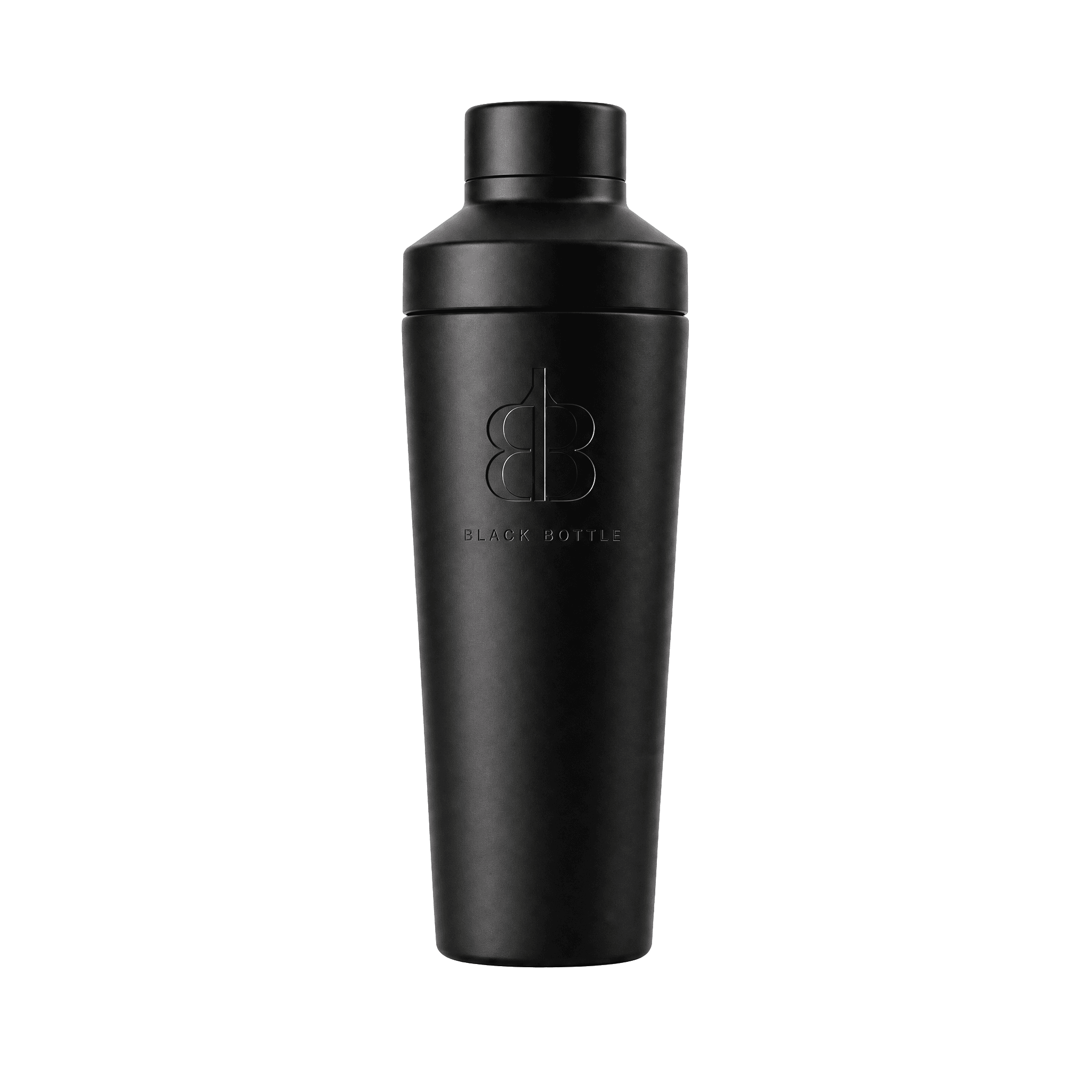 Black Bottle Shake – matt schwarzer Edelstahl Shaker mit Mess-Skala und BB Monogramm auf schwarzem Stein