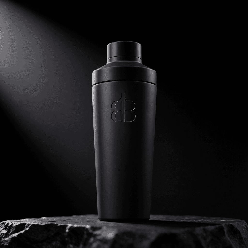 Black Bottle Shake – matt schwarzer Edelstahl Shaker mit graviertem BB Monogramm auf schwarzem Stein