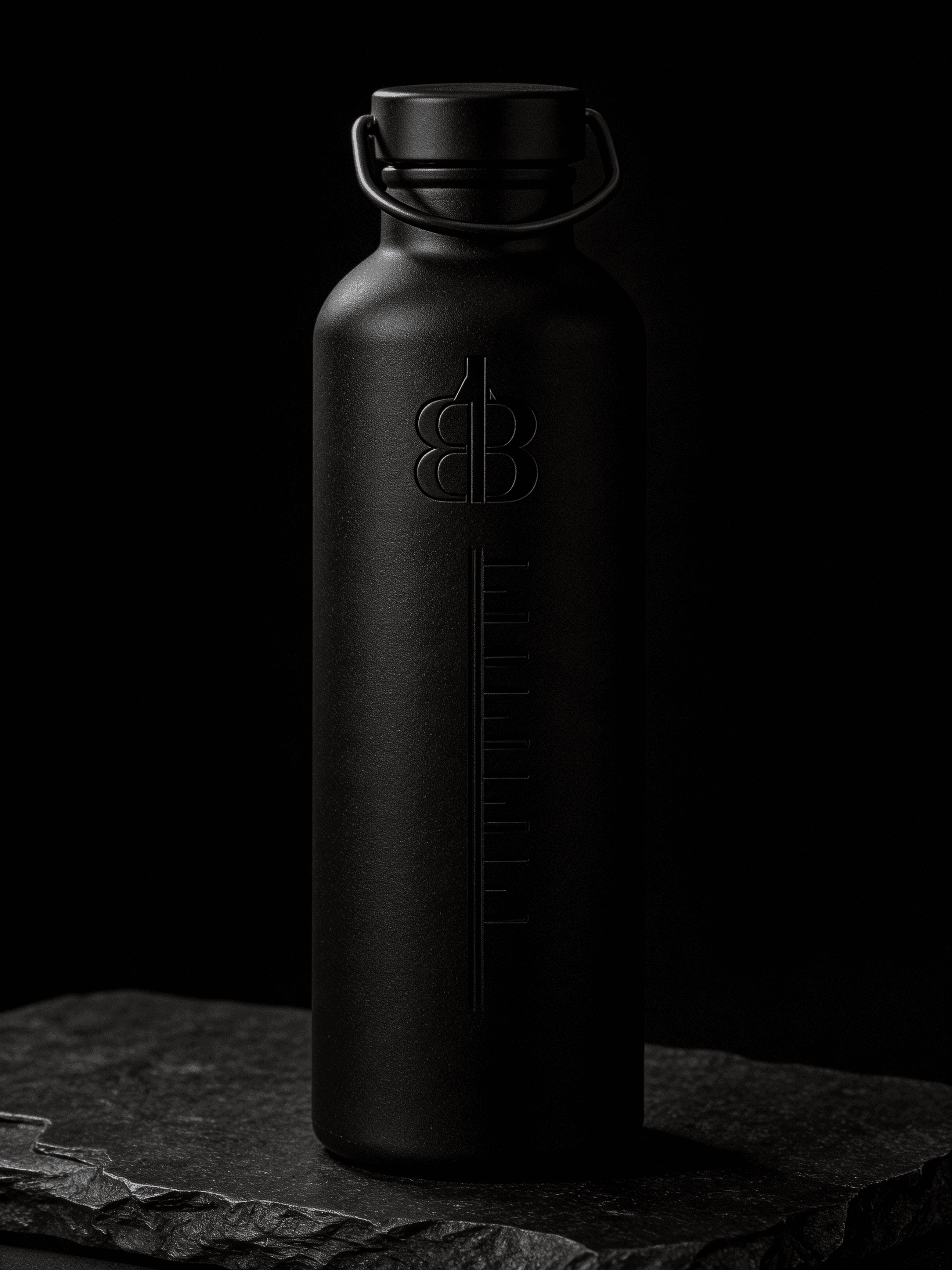 The Black Bottle – matt schwarze Edelstahl Trinkflasche 750 ml mit BB Monogramm auf schwarzem Stein