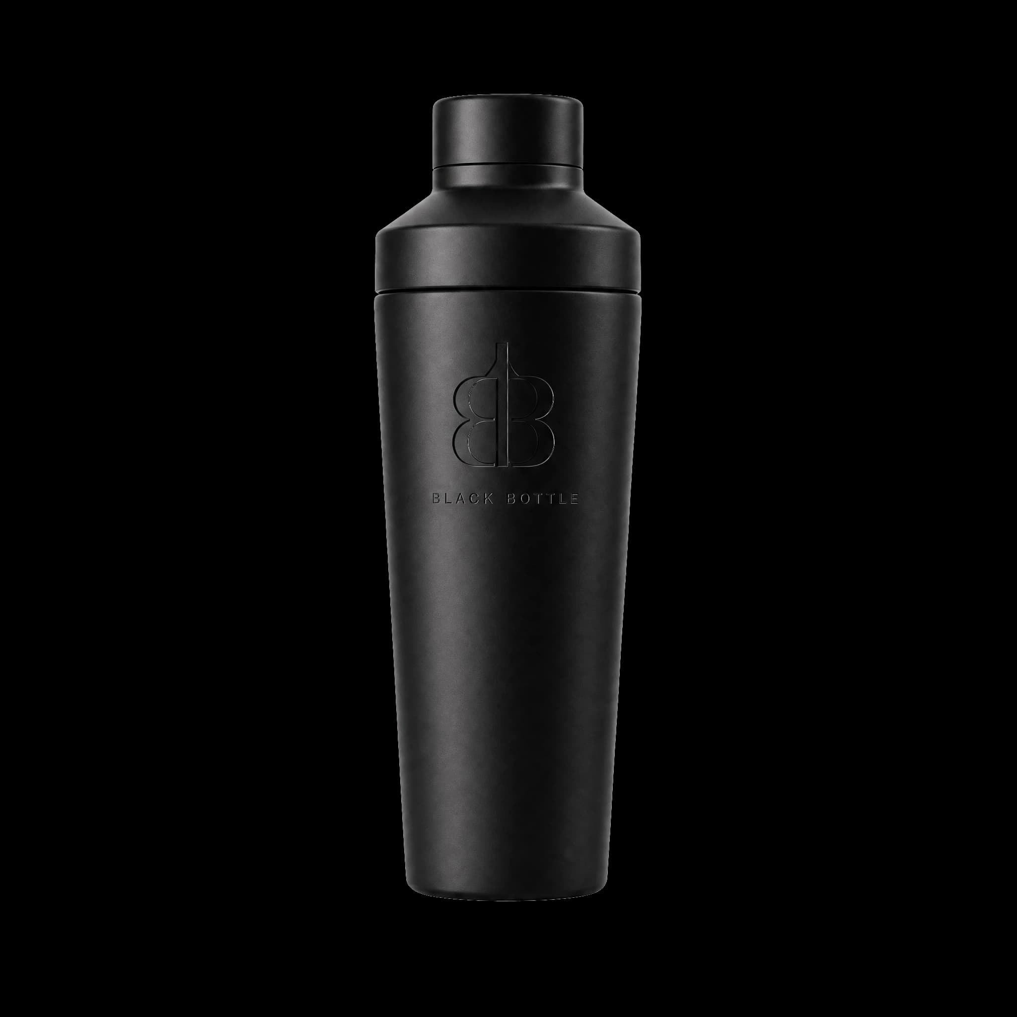 Matt schwarze Edelstahl Trinkflasche und Shaker von BLACK BOTTLE auf warmer Oxblood-Bühne